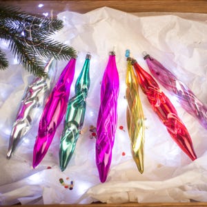 Big glass vintage Christmas tree hanging ornaments, icicles colorful Xmas decorations