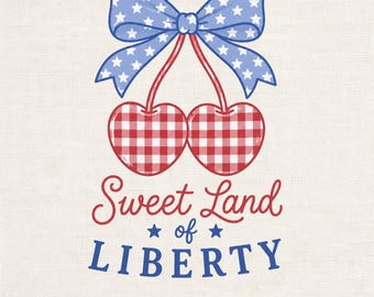 Dulce Tierra de la Libertad PNG, Diseño de lazo de cereza patriótico, Diseño de camiseta coqueta del 4 de julio, Americana PNG