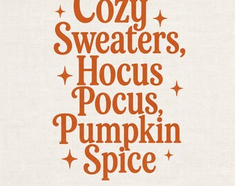 Suéteres acogedores Hocus Pocus Pumpkin Spice PNG, diseño de camiseta con linda cita otoñal