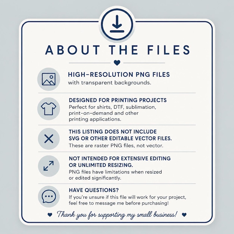 Puede incluir: Un gr&aacute;fico informativo blanco con texto azul oscuro titulado ABOUT THE FILES. Detalla archivos PNG de alta resoluci&oacute;n, proyectos de impresi&oacute;n, la ausencia de archivos SVG, limitaciones de cambio de tama&ntilde;o e instrucciones de contacto.