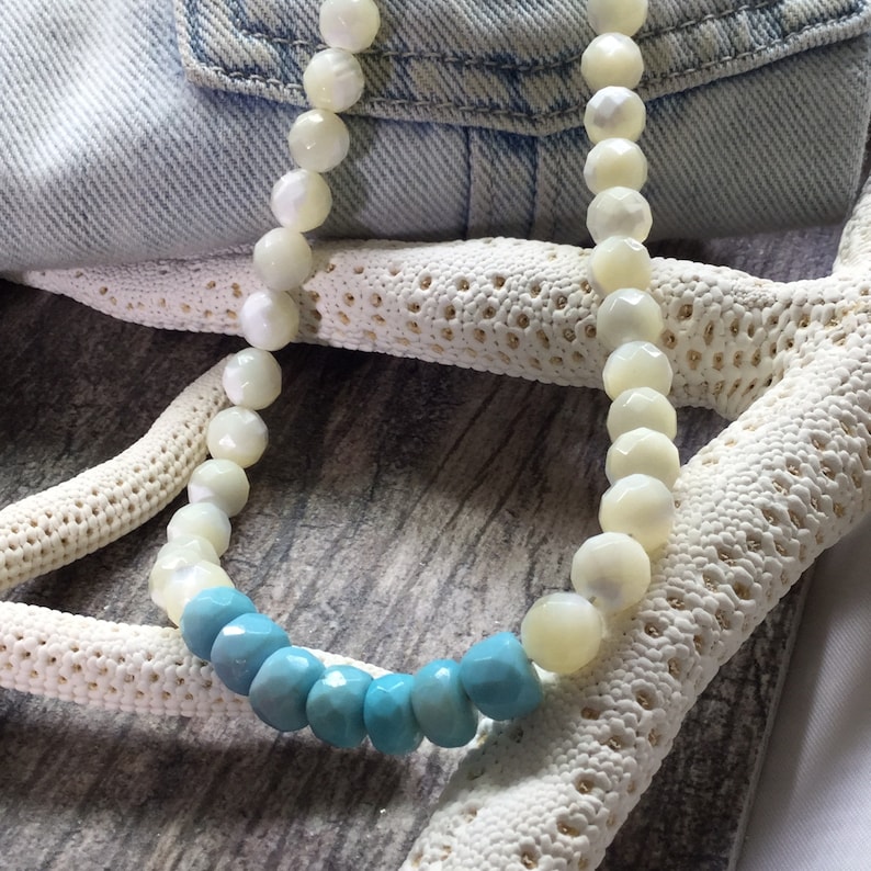 Faceted Sleeping Beauty Turquoise with Faceted Shell Beaded Necklace *FREE SHIPPING*