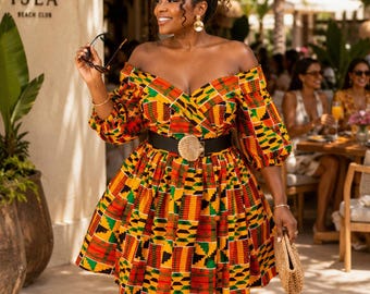 African print ankara midi knee length dress, african clothing, african print dress, ankara dress, Off shoulder fit and flare dress - KENYA