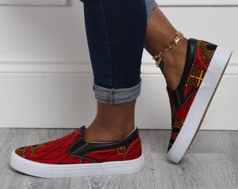 Men's African Print Lightweight Slip-On Sneakers Casual Vans Trainers Ankara Kente Unisex Athletic Fashion Shoes Flats Pumps Orange Kumasi