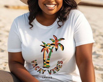 Womens African Print White Vacay Vibes Graphic T-Shirt Unisex Cotton Short Sleeve Classic Tee Kente Matching Family Adult Men Kids Ankara