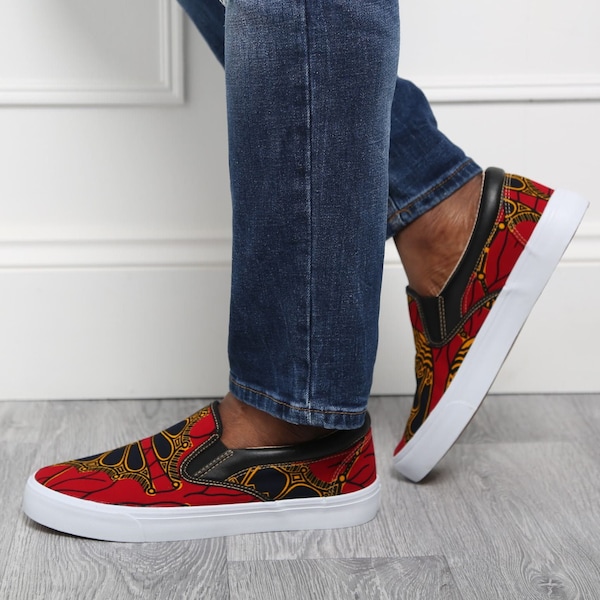 Men's African Print Lightweight Slip-on Sneakers Casual Vans Trainers Ankara Kente Unisex Athletic Fashion Shoes Flats Pumps Red CALABAR