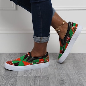 Women&#39;s African Print Lightweight Slip-on Sneakers Casual Vans Trainers Ankara Kente Unisex Athletic Fashion Shoes Flats Pumps Green ACCRA