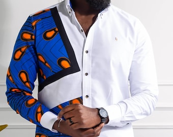 African Print Asymmetrical Shirt for Men, ,African Men's Fashion, African Skinny Fit White Button Down Casual Shirt - ELIJAH