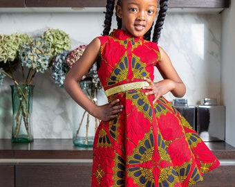 African Print Dress for Girls | Sleeveless Turtleneck Midi Red & Gold Party Dress for Girls - CORDELIA