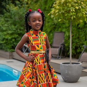 African Dress for Little Girls | Sleeveless Turtleneck Mid KENTE Ghanaian African Print Yellow & Black Party Dress for Girls - KENYA