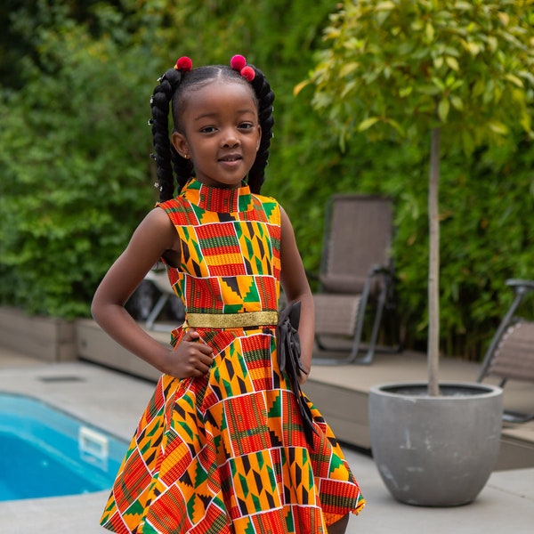 African Dress for Little Girls | Sleeveless Turtleneck Mid KENTE Ghanaian African Print Yellow & Black Party Dress for Girls - KENYA