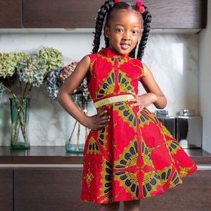 African Print Dress for Girls | Sleeveless Turtleneck Midi Red & Gold Party Dress for Girls - CORDELIA