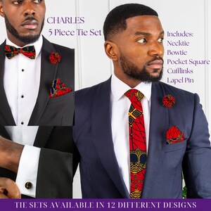 African Print Necktie and Bow Tie Set | Ankara Tie Set 5 Pieces CHARLES, wedding, prom, bowtie, lapel pin, pocket square, necktie, cufflinks
