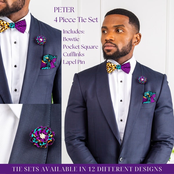 African Print Mens Fashions Matching Bow Tie Set 4 Pieces Handmade Pre-tied Kente Ankara Formal Bow Tie - PETER