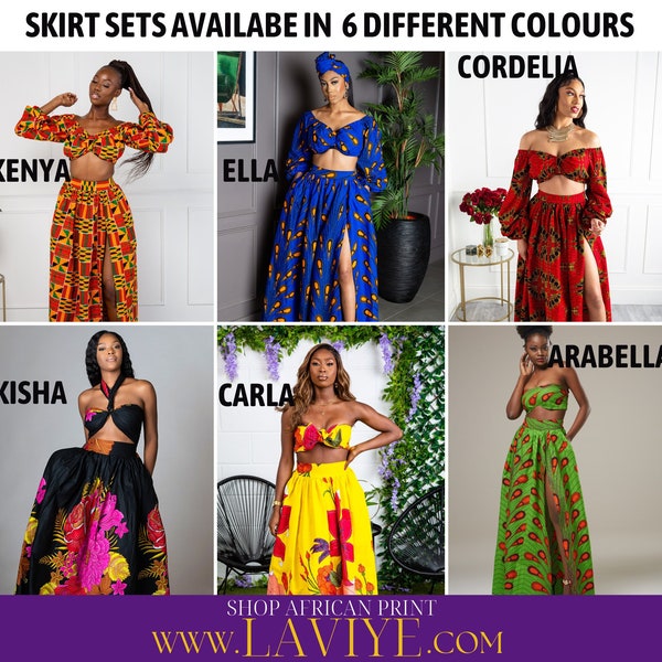 African Print Women's Maxi Full Long Length Cotton Skirt Set  & Crop Top Scarf, Pockets Kente Ankara Dashiki Wedding Matching Family Outfits
