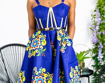 African Print Knee Length Dress, Ankara Fit & Flare Corset Midi Dress, Short Summer Dress, African Print Sleeveless Dress - FRANCA