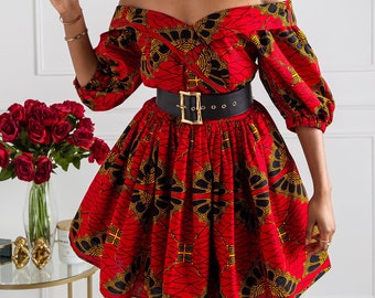 African ankara midi knee length dress, african clothing,  Red African Wax Surplice Off Shoulder Midi Dress with Balloon Sleeves - CORDELIA