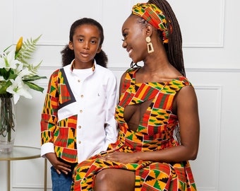 Boys Tailored-Fit African Print Shirt | Asymmetric Ankara White & Kente Orange Shirt for Boys | Ankara Boys Shirt | Daddy and Me - KENDRICK