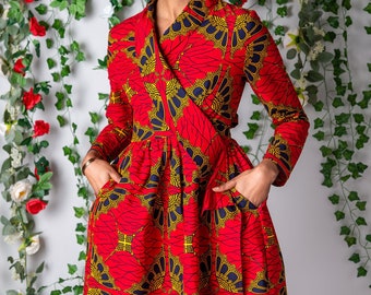 African ankara midi knee length dress, african clothing african print dress Red African Wax Shawl Collar Fit and Flare Wrap Dress - CORDELIA