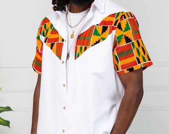 Short Sleeve Shirt for Men, African Men's Fashion, 100% African Wax Fabric White Button Down Casual Shirt, African Print V-Shaped - KENDRICK