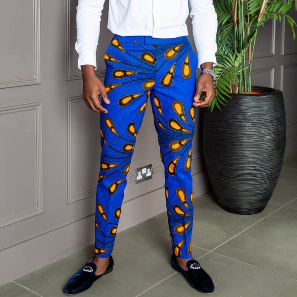 African Print Smart Pants For Men - Tailored Fit African Print Blue Trousers for Guys -ELIJAH