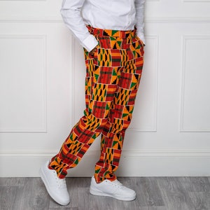 Men&#39;s African Print Smart Suit Pants Tailored Fit Guys Orange Ankara Cotton Women&#39;s Trousers Kente Wedding Suit Groom Prom Office Outfit