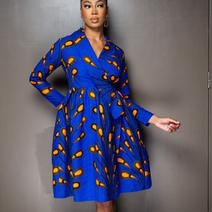 African ankara midi knee length dress, african clothing, african print dress Blue African Wax Shawl Collar Fit and Flare Wrap Dress - ELLA
