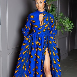 African maxi dress Long Sleeved Turtleneck Plunge, African clothing for women, Blue African print dress, Ankara dress, Women dress, ELLA