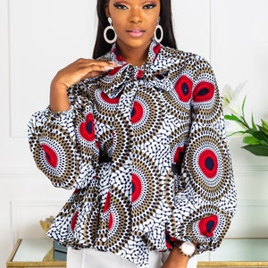 African Print Blouse, African Pussybow Peplum Top, Dashiki Blouse, African top, African Clothing, Long Sleeved Top, Peplum Blouse - DEBRA