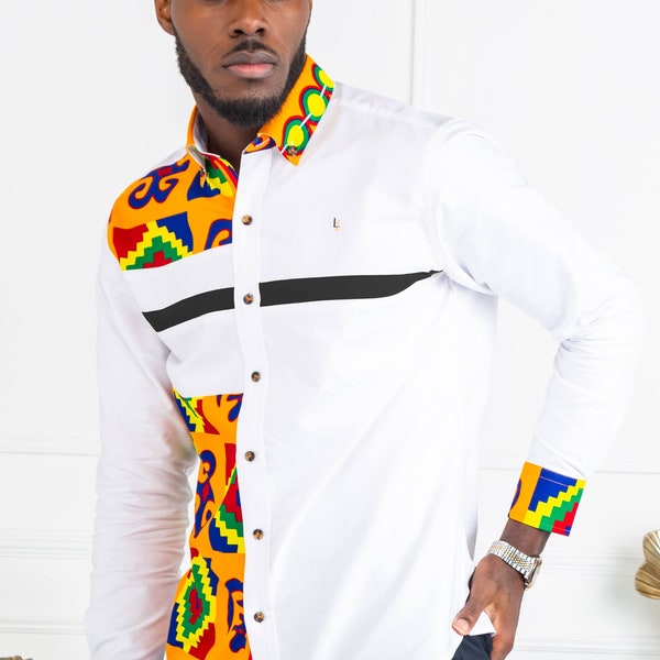 African Styles Clothing, African Men's Fashion, African Print Skinny Fit Strip Button Down Shirt - NATHAN