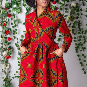 African ankara midi knee length dress, african clothing african print dress Red African Wax Shawl Collar Fit and Flare Wrap Dress - CORDELIA