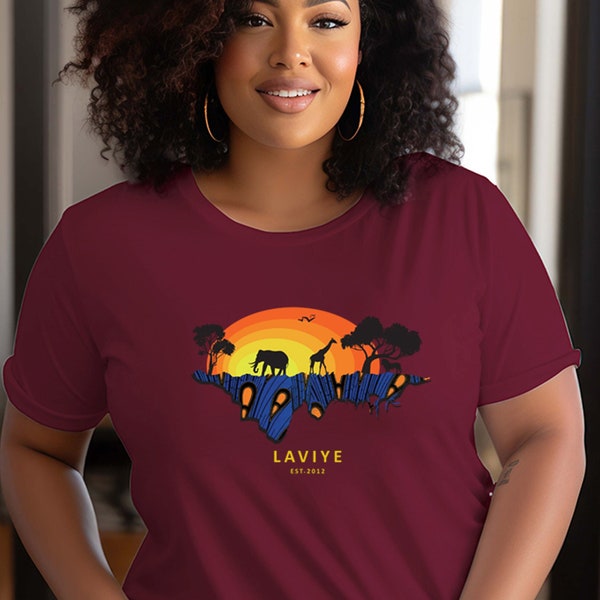 Womens African Print Maroon Safari Graphic T-Shirt Unisex Cotton Short Sleeve Classic Tee Kente Matching Family Adult Men Kids Ankara Enugu