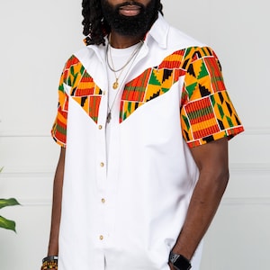 Short Sleeve Shirt for Men, African Men's Fashion, 100% African Wax Fabric White Button Down Casual Shirt, African Print V-Shaped - KENDRICK