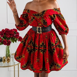 African ankara midi knee length dress, african clothing,  Red African Wax Surplice Off Shoulder Midi Dress with Balloon Sleeves - CORDELIA