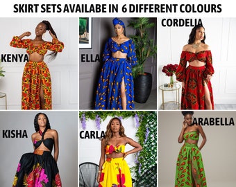 African Print Women's Maxi Full Long Length Cotton Skirt Set  & Crop Top Scarf, Pockets Kente Ankara Dashiki Wedding Matching Family Outfits