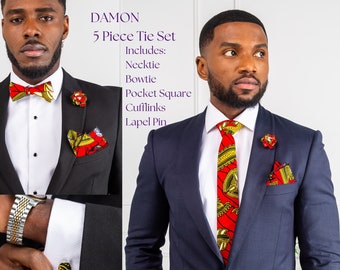 Kente African Suit Necktie and Bow Tie Set African Pint Wedding Tie Set 5 Pieces - DAMON
