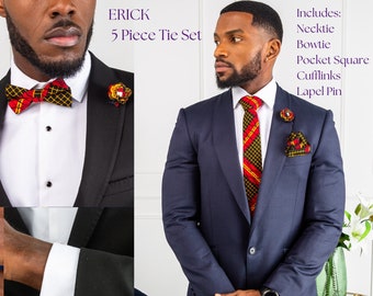 Handmade Groomsmen African Wax Necktie and Bow Tie Set African Print Ankara Kente Wedding Tie Set 5 Pieces - ERICK