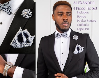 African Fashion Mens Bowtie Set African Print Kente Ankara Groomsmen Bowtie Set 4 Pieces - ALEXANDER