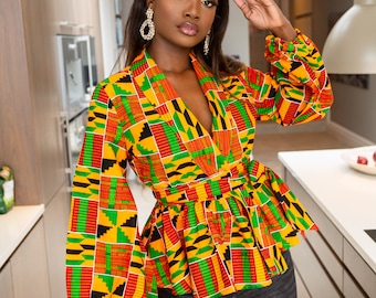 African Tops for Women, Kente Top, African Blouse, Kente Wrap Top, Ankara Blouse, African clothing, African print top, Wrap top Long KENYA