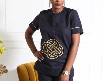 Navy Blue Embroidered African Tunic and Trouser Set – Unisex Short Sleeve Top with Slim Fit Pants – Elegant Traditional Two Piece Outfit