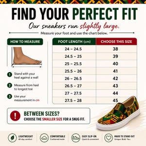 以下が含まれることがあります： 「FIND YOUR PERFECT FIT」のテキストと靴のサイズ表が記載された画像。表には、足の長さ（cm）と対応する靴のサイズが表示されています。カラフルなスリッポンタイプのスニーカーが表示されています。足の測り方の説明も含まれています。