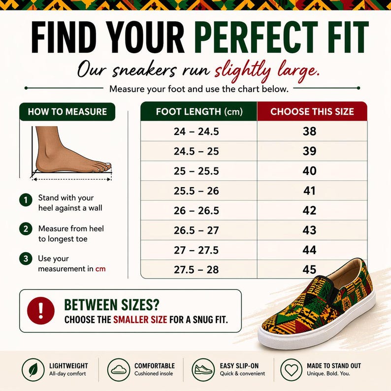 以下が含まれることがあります： 「FIND YOUR PERFECT FIT」のテキストと靴のサイズ表が記載された画像。表には、足の長さ（cm）と対応する靴のサイズが表示されています。カラフルなスリッポンタイプのスニーカーが表示されています。足の測り方の説明も含まれています。