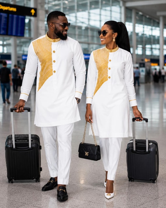 Couple White Embroidered African Kaftan & Trouser Set – Traditional Long Sleeve Two Piece Outfit – Elegant Wedding Cultural Party Wear