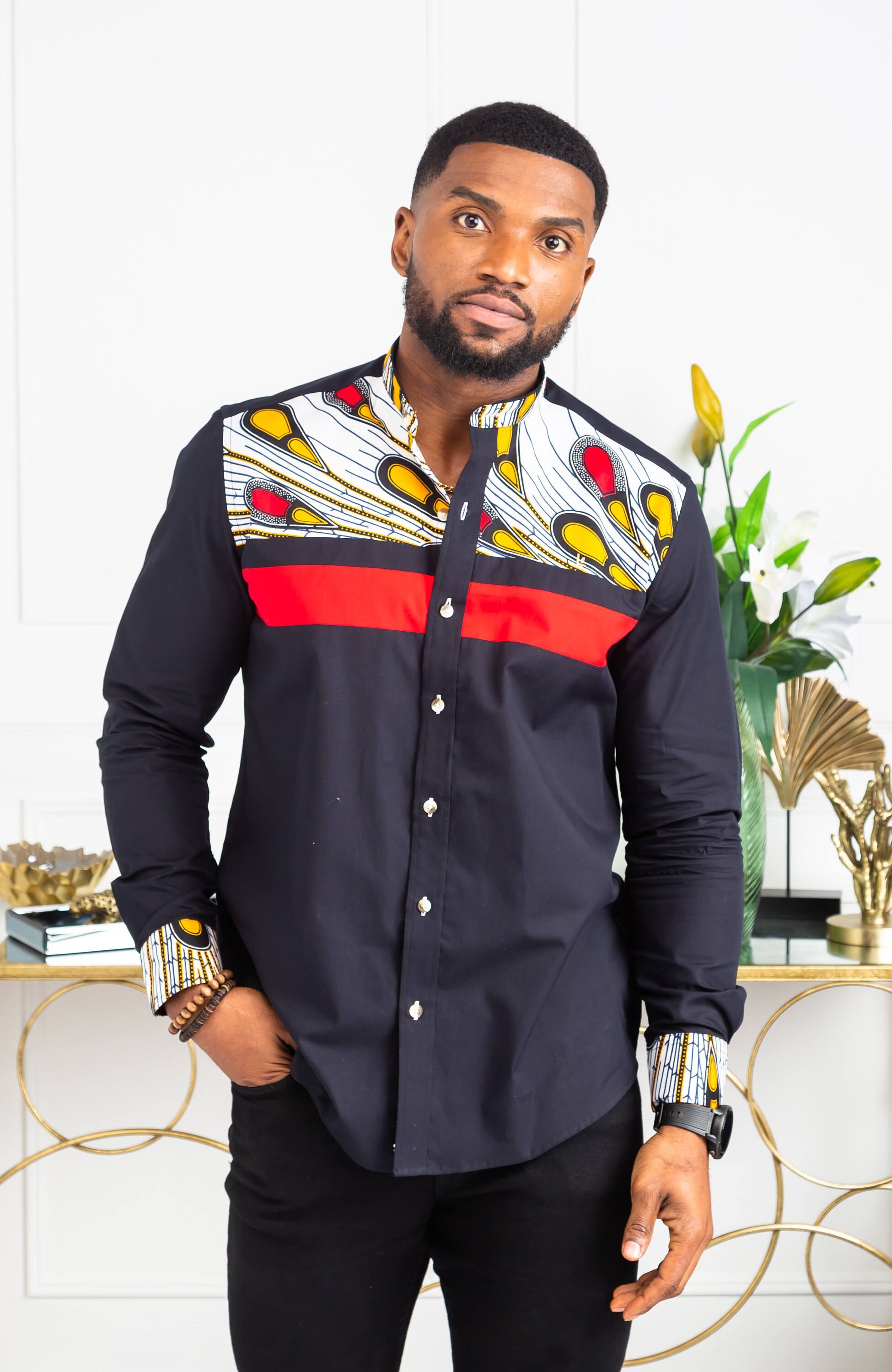Image of African Styles Clothing, Men's Fashion, Fashion For Men | Dashiki Shirt Men - Black Grandad Collar Strip Shirt Patrick