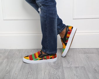 Men's African Print Lightweight Slip-on Sneakers Casual Vans Trainers Ankara Kente Unisex Athletic Fashion Shoes Flats Pumps Orange KUMASI
