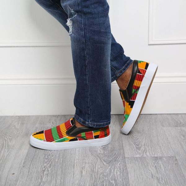 Men's African Print Lightweight Slip-on Sneakers Casual Vans Trainers Ankara Kente Unisex Athletic Fashion Shoes Flats Pumps Orange KUMASI