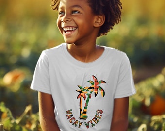 Boys African Print White & Orange Vacay Vibes Graphic T-Shirt Unisex Kids Cotton Short Sleeve Classic Tee Matching Family Adults Men Women