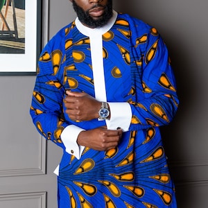 Ankara African Print Blue Etibo Style Shirt, Mens Casual Long Sleeve Shirt, African 100% Cotton Top For Men, Wedding, Prom - ELIJAH