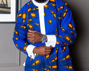 Ankara African Print Blue Etibo Style Shirt, Mens Casual Long Sleeve Shirt, African 100% Cotton Top For Men, Wedding, Prom - ELIJAH