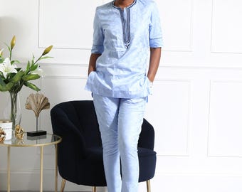 Sky Blue Embroidered African Tunic and Trouser Set for Women – Jacquard Two Piece Outfit –Tailored Set - Elegant Traditional Occasion Wear