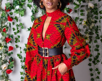 African maxi dress Long Sleeved Turtleneck Plunge, African clothing for women, Red African print dress, Ankara dress, Women dress, CORDELIA